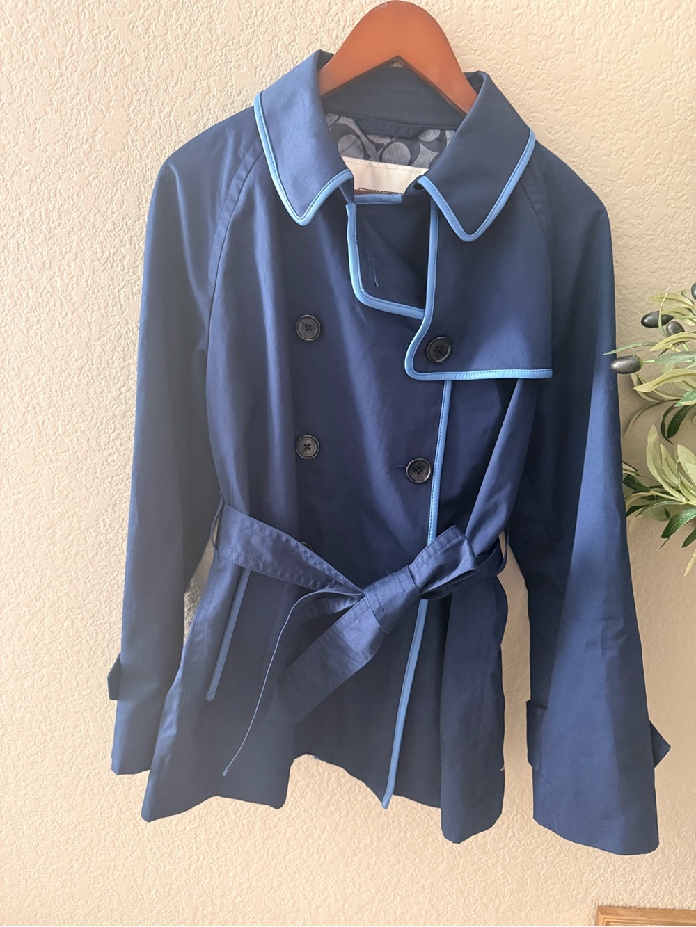 NWOT Coach Navy Blue Cotton Leather Trim Belted Trench Coat Jacket Size L